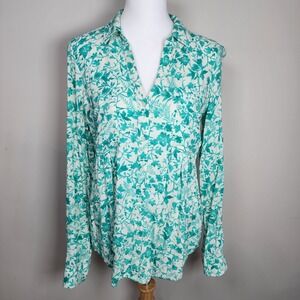 Maeve Floral Button Down Shirt Womens Small Green White Long Sleeve Rayon Blouse